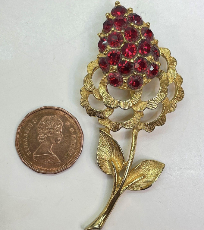 (SOLD) Vintage Red Rhinestone Flower Brooch | Brushed Gold Tone Floral Statement Pin