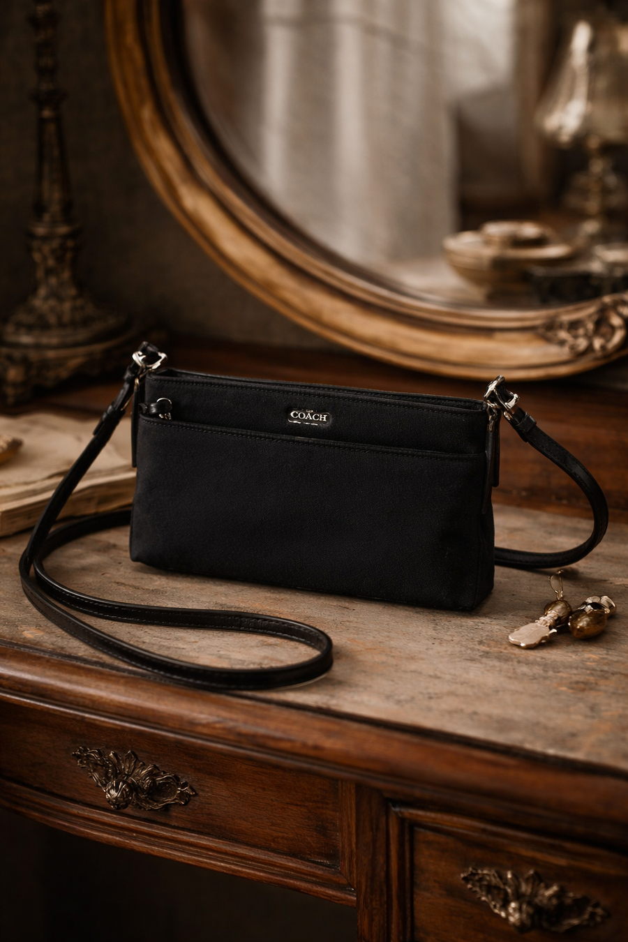 Coach small black leather crossbody clutch with silver-tone hangtag