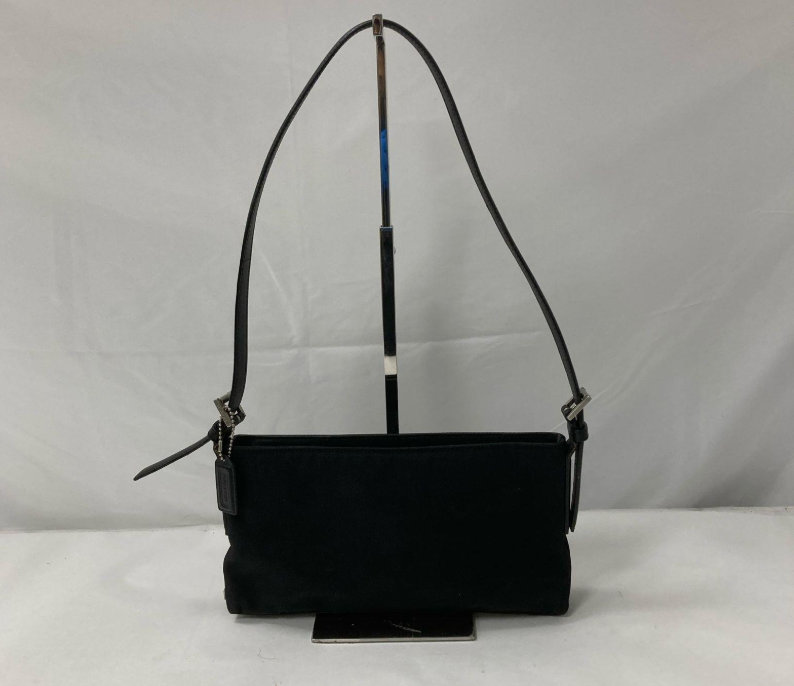 Coach small black leather crossbody clutch with silver-tone hangtag, view 2