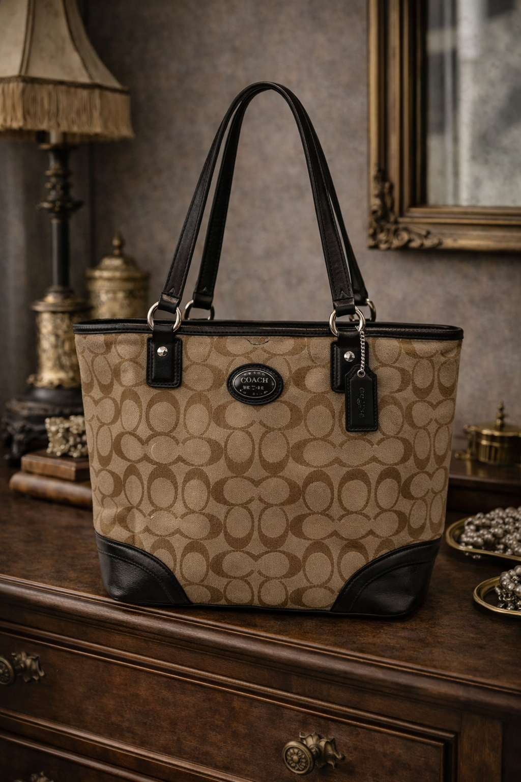 Coach Peyton Signature Coated Canvas Tote Brown and Black Leather Trim F181917