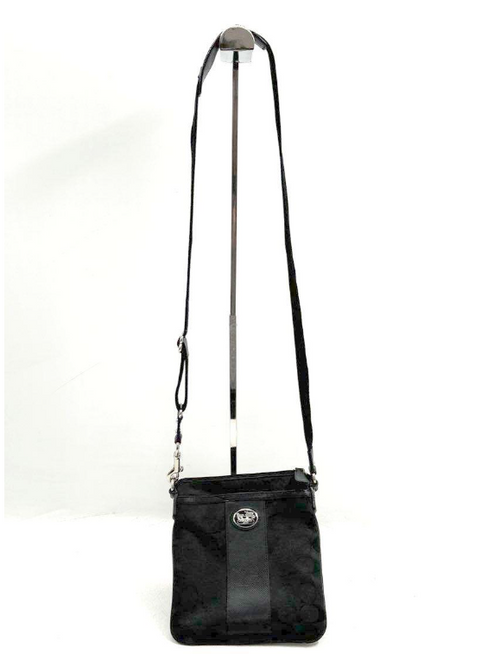 (SOLD) Coach Signature Canvas Swingpack Crossbody Bag 43978 | Black Logo Canvas with Leather Trim