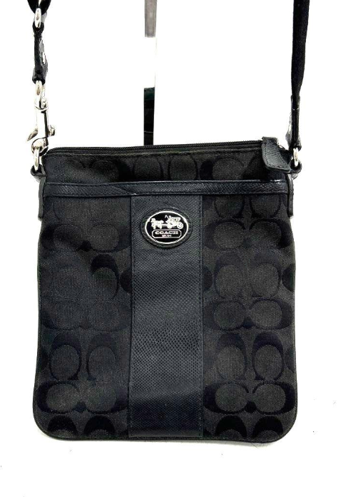 (SOLD) Coach Signature Canvas Swingpack Crossbody Bag 43978 | Black Logo Canvas with Leather Trim