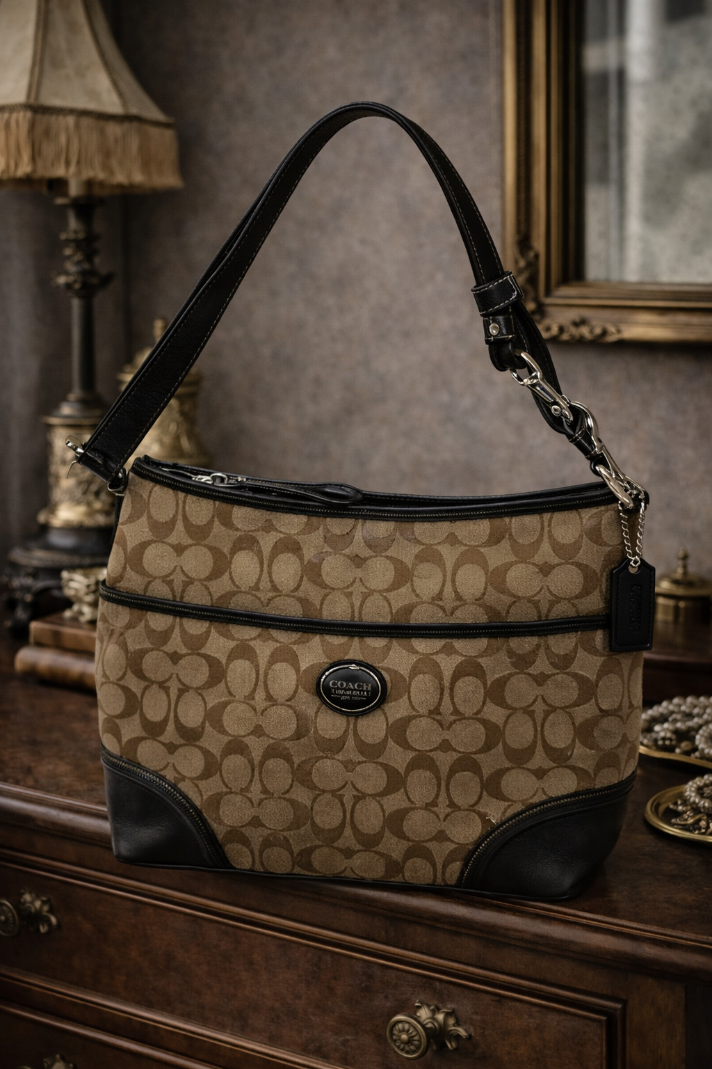 Coach Signature Canvas and Leather Shoulder Bag Khaki and Brown F19823