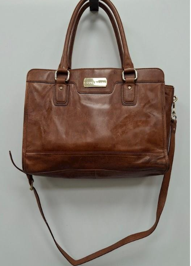 Cole Haan large brown leather tote satchel with top handles and shoulder strap, view 3