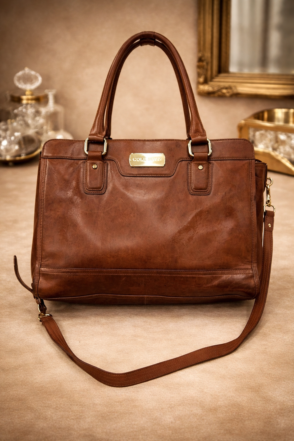 Cole Haan large brown leather tote satchel with top handles and shoulder strap