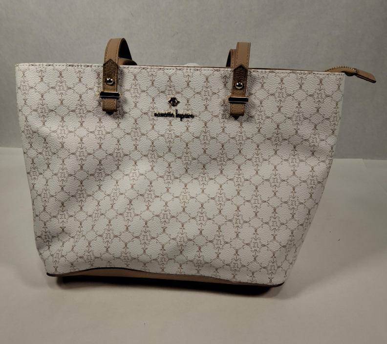 Nanette Lepore white and beige logo pattern tote with tan shoulder straps, view 2