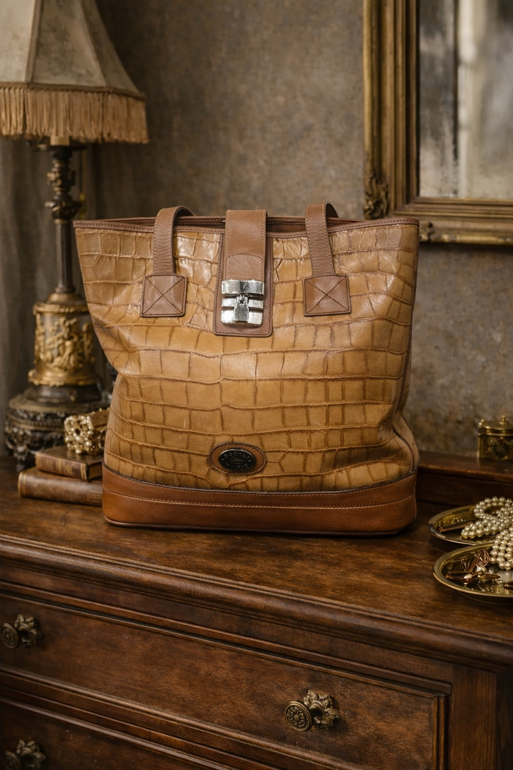 Dooney & Bourke Croco Embossed Leather Lock Shopper Tote Tan Red Lining Shoulder Bag AO345200