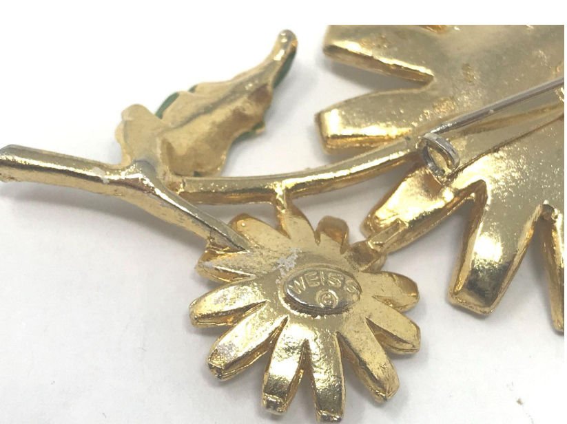 Signed Weiss white enamel daisy brooch with yellow center and smaller daisy on gold-tone stem, view 6