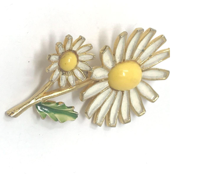 Signed Weiss white enamel daisy brooch with yellow center and smaller daisy on gold-tone stem, view 5
