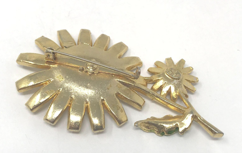 Signed Weiss white enamel daisy brooch with yellow center and smaller daisy on gold-tone stem, view 4