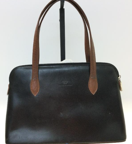 (SOLD) Daniela Moda Black Leather Handbag w/ Brown Trim Structured Top Handle Purse