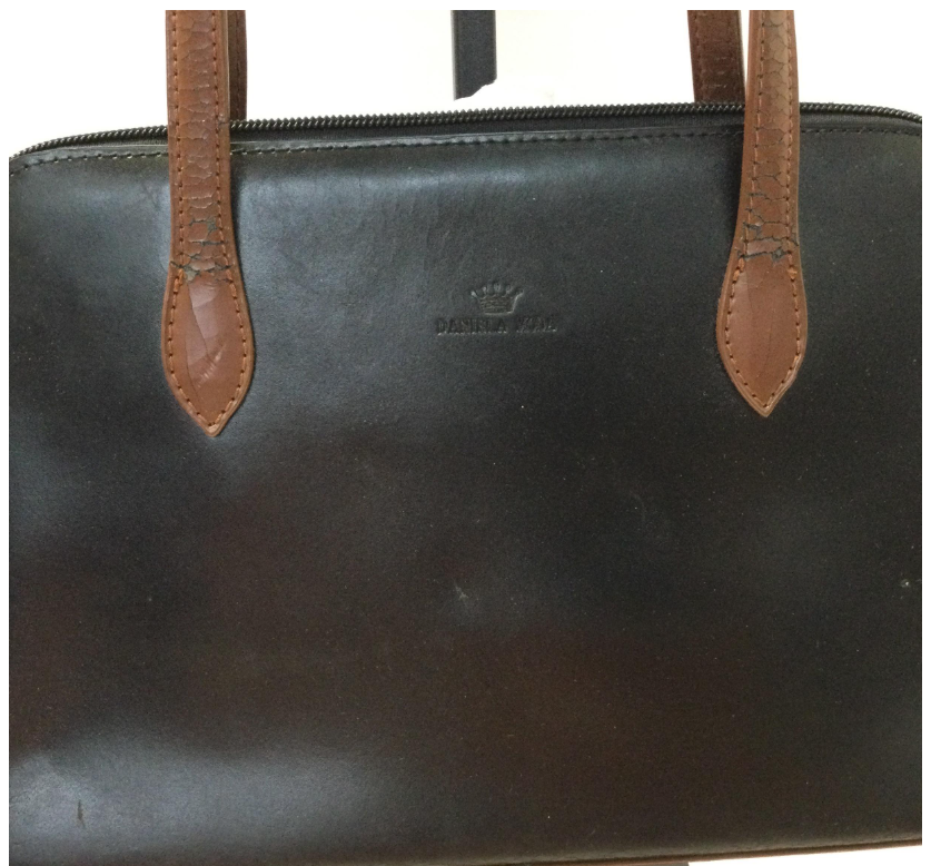 (SOLD) Daniela Moda Black Leather Handbag w/ Brown Trim Structured Top Handle Purse
