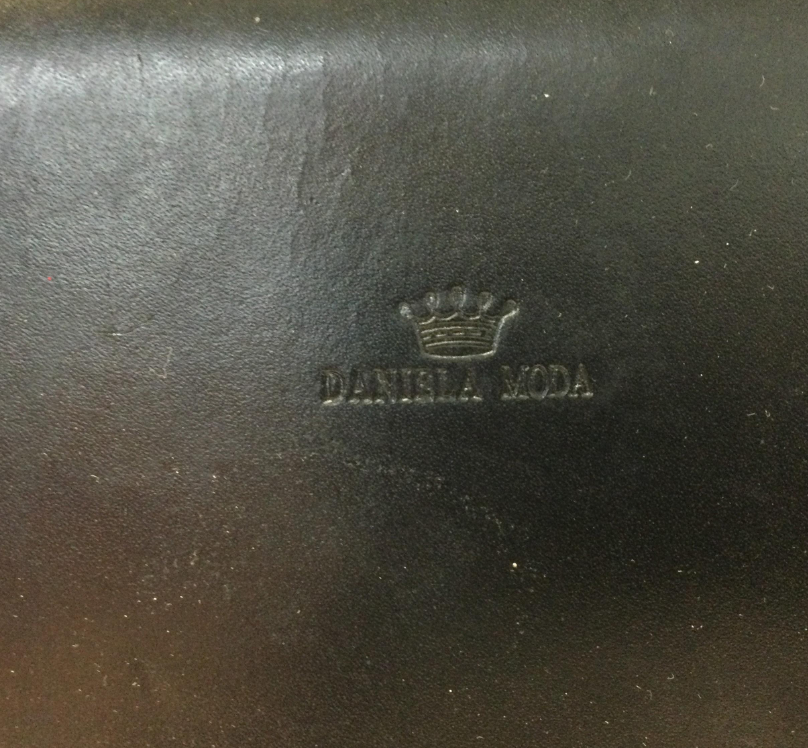 Daniela Moda Vintage Black Leather Handbag w/ Brown Trim Structured Top Handle Purse