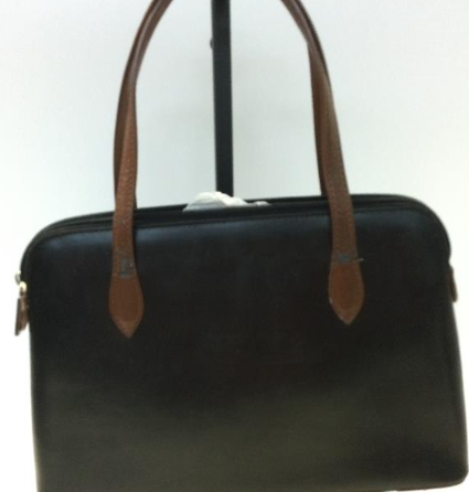 Daniela Moda Vintage Black Leather Handbag w/ Brown Trim Structured Top Handle Purse