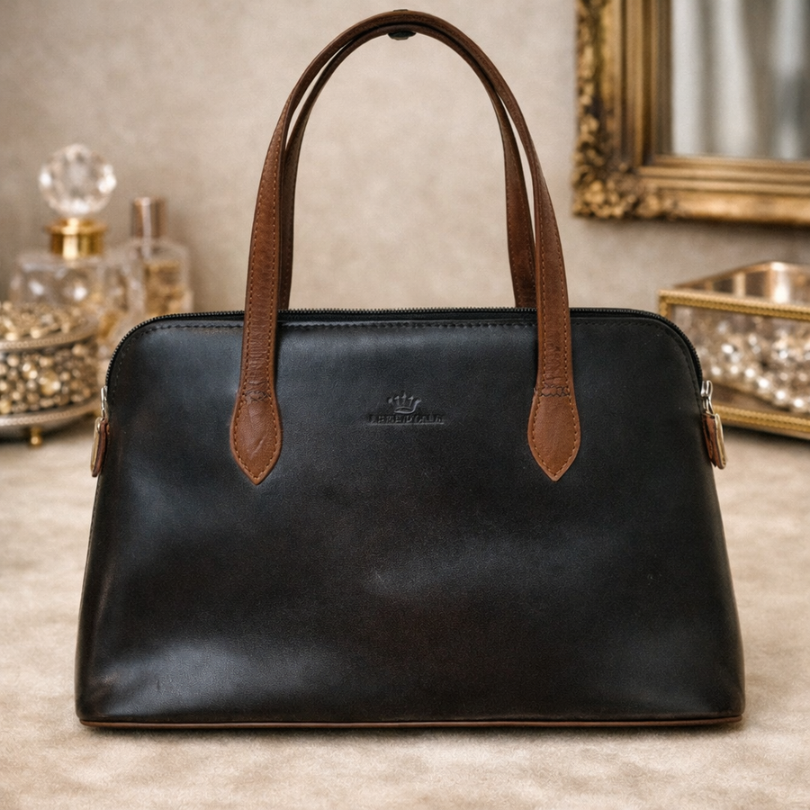 (SOLD) Daniela Moda Black Leather Handbag w/ Brown Trim Structured Top Handle Purse