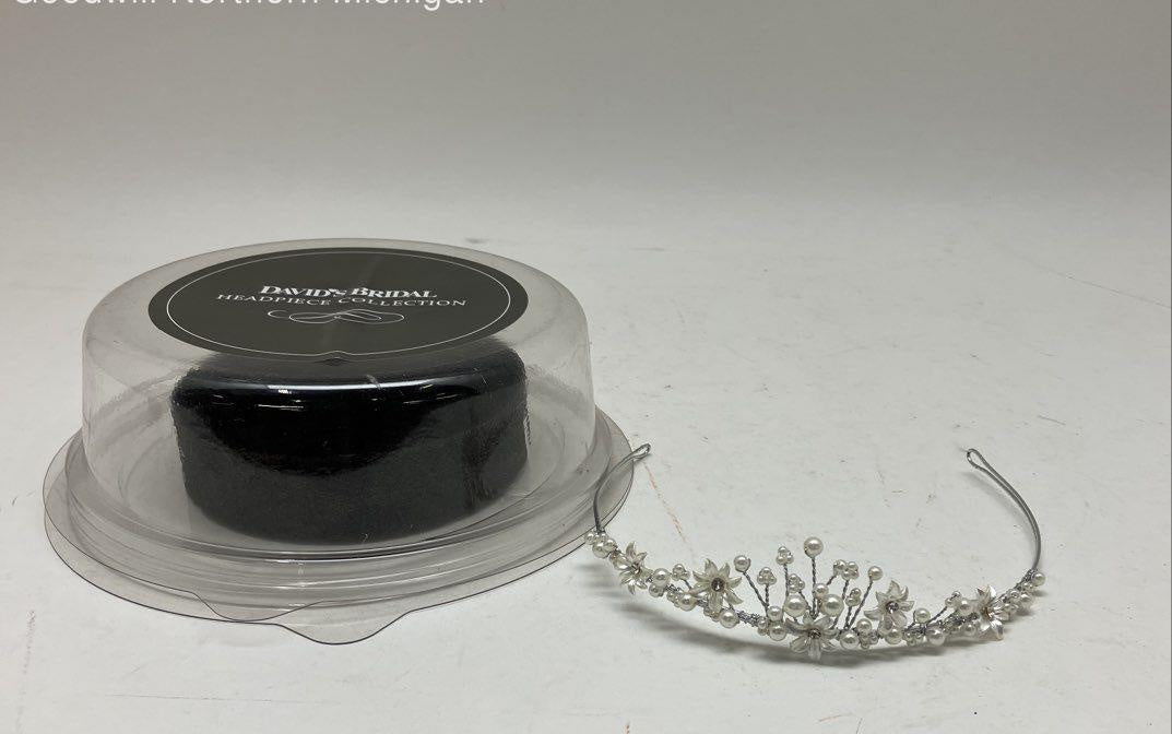 Silver-tone floral wire bridal tiara with faux pearls and crystal-like accents, view 5