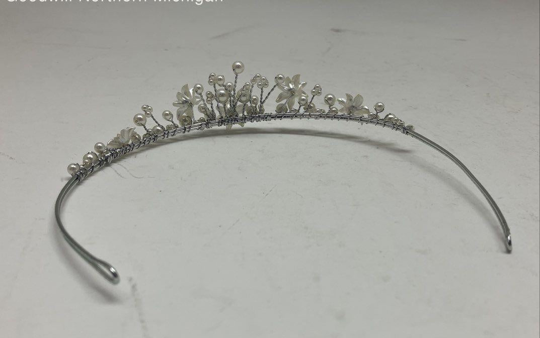 Silver-tone floral wire bridal tiara with faux pearls and crystal-like accents, view 4