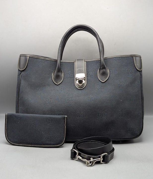 (SOLD) Dooney & Bourke Donegal Crest Monogram Blue Canvas Tote Bag Set | Leather Trim Handbag with Matching Glasses Case