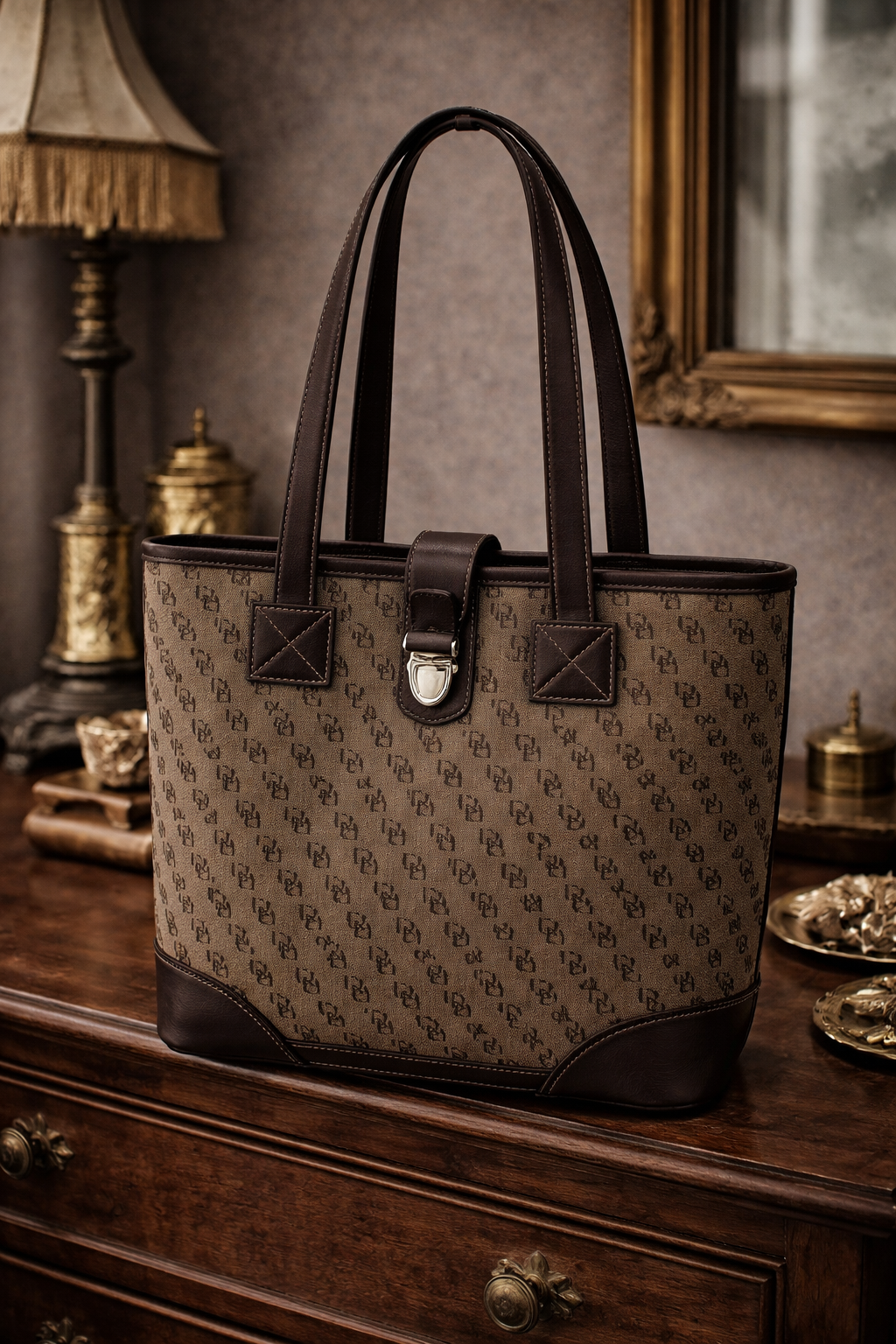 Dooney and Bourke Monogram Jacquard and Leather North South Tote Grey and Brown