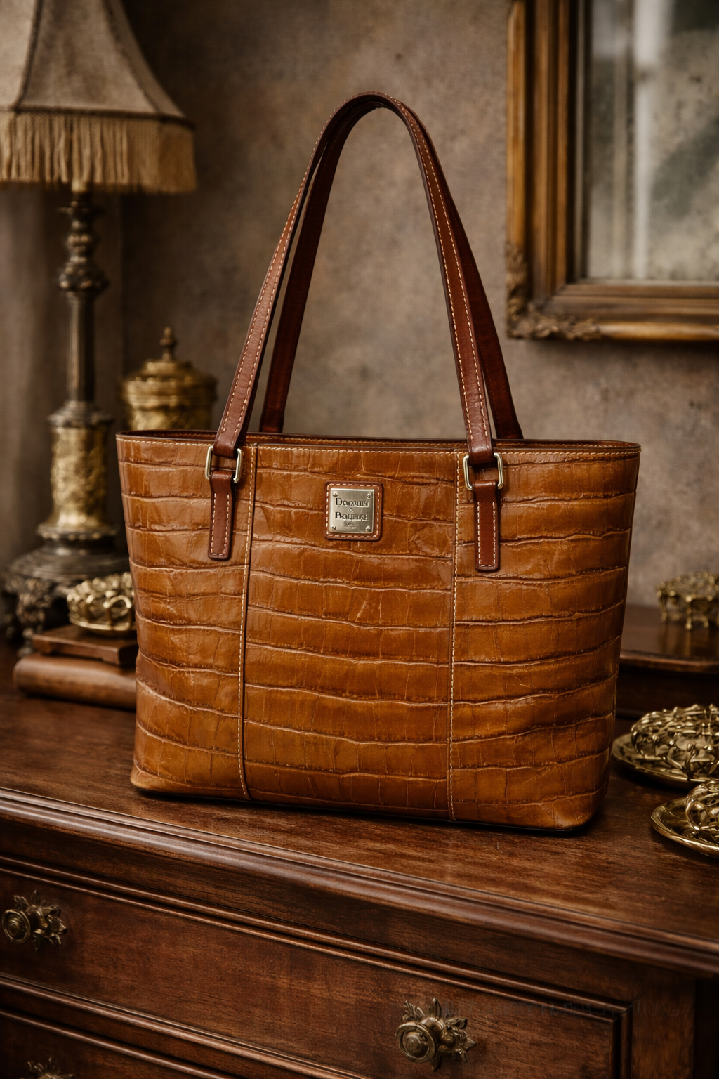 Dooney & Bourke Croco Embossed Leather Shopper Tote Tan Red Lining Classic Shoulder Bag