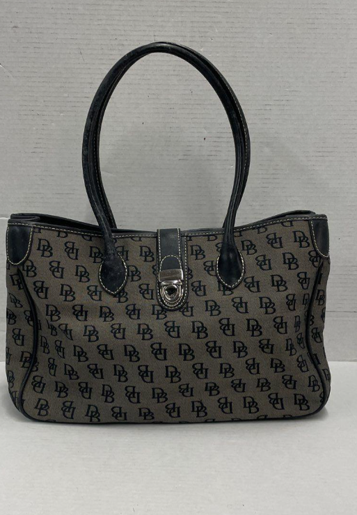 Dooney & Bourke DB Monogram Canvas Satchel Tote Bag Black Leather Trim Silver Turnlock