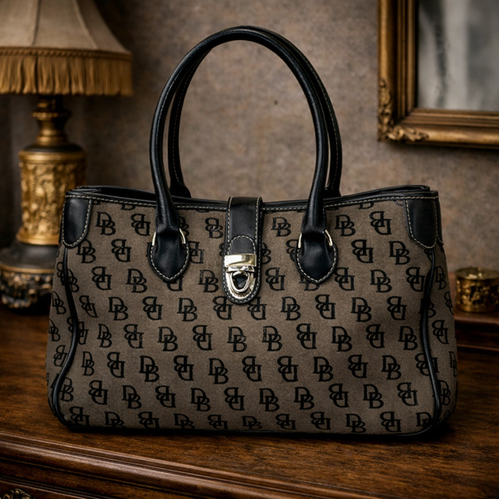 Dooney & Bourke DB Monogram Canvas Satchel Tote Bag Black Leather Trim Silver Turnlock