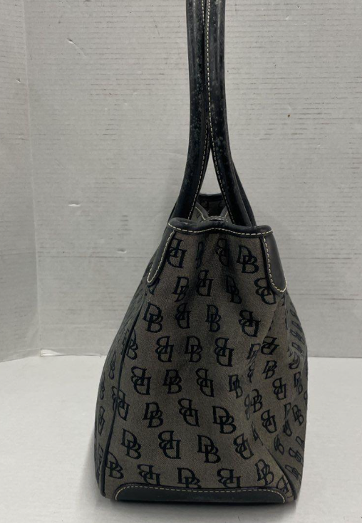 Dooney & Bourke DB Monogram Canvas Satchel Tote Bag Black Leather Trim Silver Turnlock