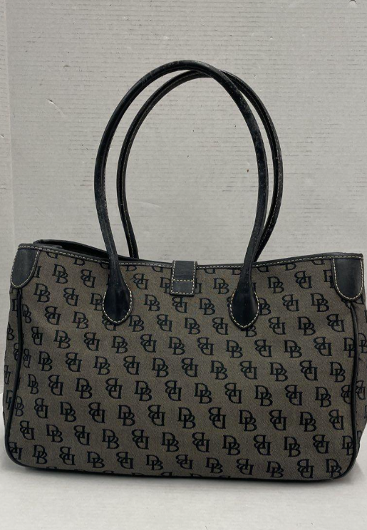 Dooney & Bourke DB Monogram Canvas Satchel Tote Bag Black Leather Trim Silver Turnlock