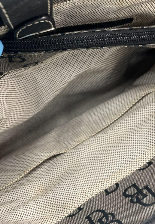 Dooney & Bourke DB Monogram Canvas Satchel Tote Bag Black Leather Trim Silver Turnlock