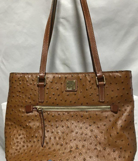 Brown ostrich-embossed leather tote with double shoulder straps and red lining, view 5