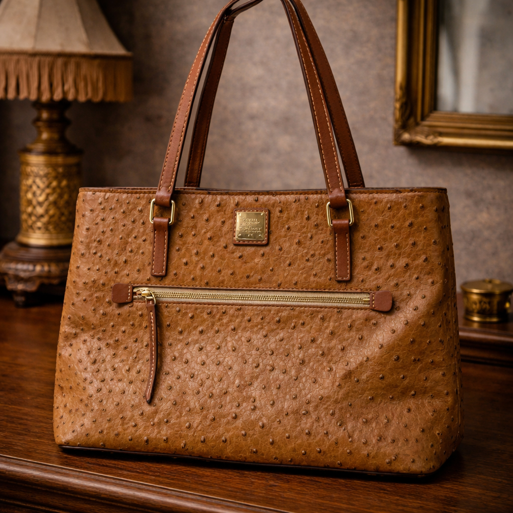 Brown ostrich-embossed leather tote with double shoulder straps and red lining
