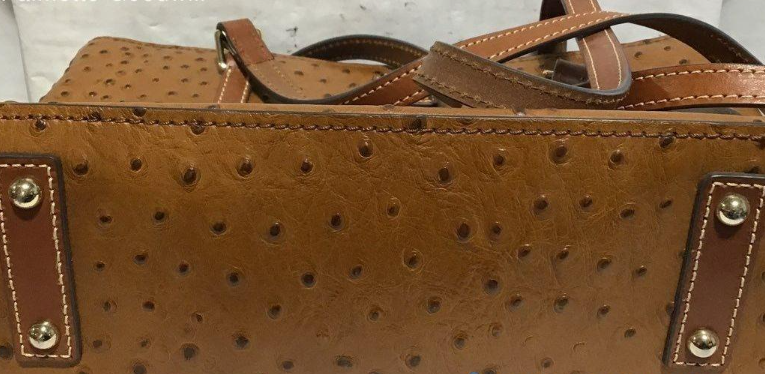 Brown ostrich-embossed leather tote with double shoulder straps and red lining, view 3