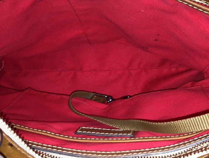 Brown ostrich-embossed leather tote with double shoulder straps and red lining, view 2