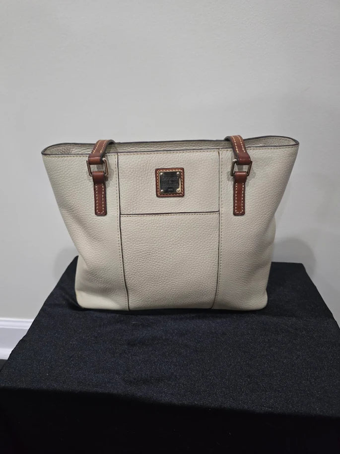Dooney and Bourke bone cream pebbled leather Lexington shopper tote with tan straps, view 2