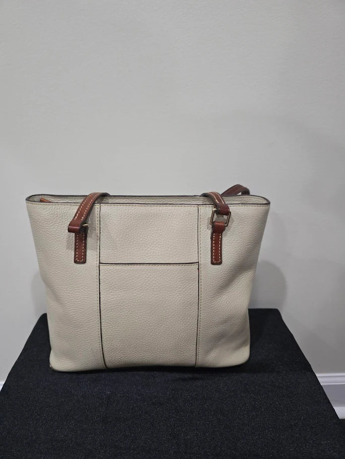 Dooney and Bourke bone cream pebbled leather Lexington shopper tote with tan straps, view 4