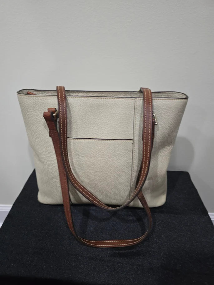 Dooney and Bourke bone cream pebbled leather Lexington shopper tote with tan straps, view 3
