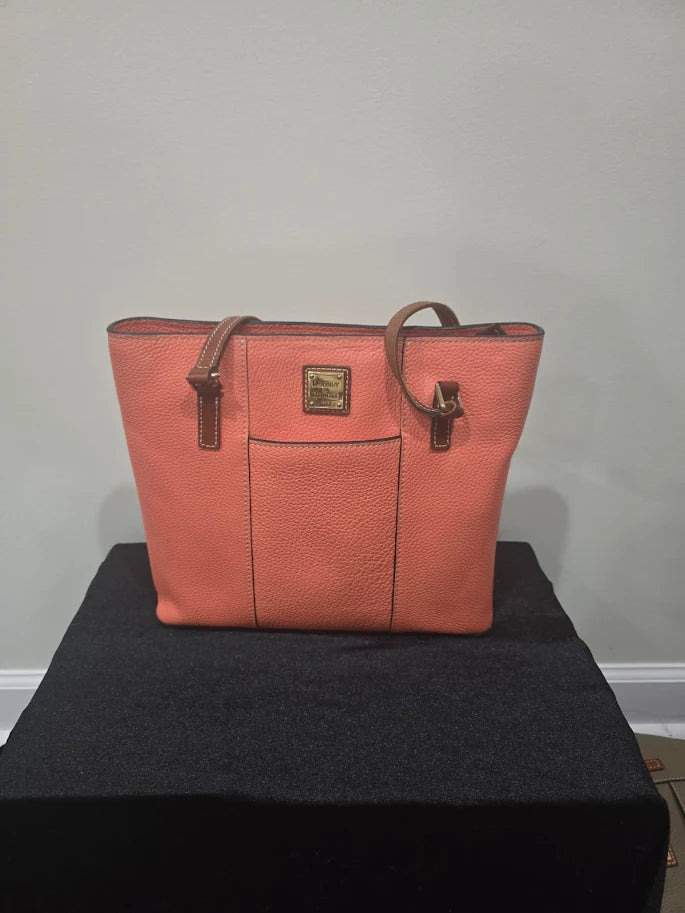 Dooney and Bourke salmon coral pebbled leather Lexington shopper tote with brown handles, view 2
