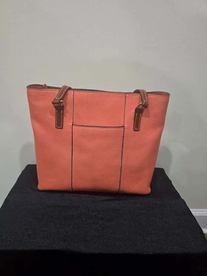 Dooney and Bourke salmon coral pebbled leather Lexington shopper tote with brown handles, view 3