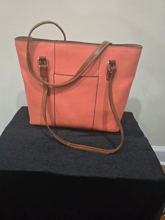 Dooney and Bourke salmon coral pebbled leather Lexington shopper tote with brown handles, view 4