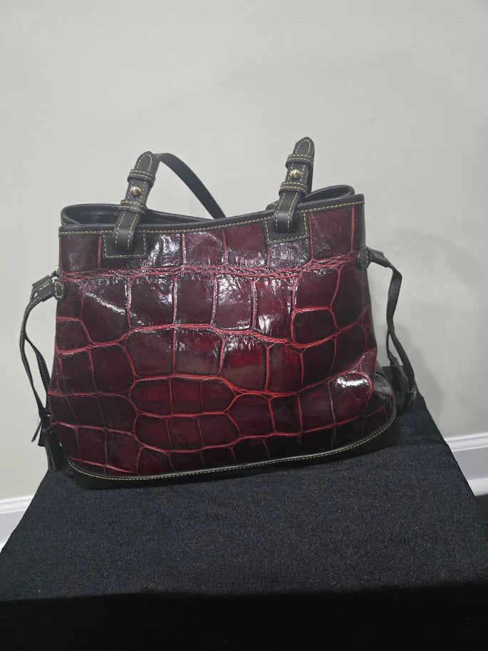 Dooney and Bourke Croc Embossed Leather Satchel Bundle (2 Bags) Brown and Bordeaux