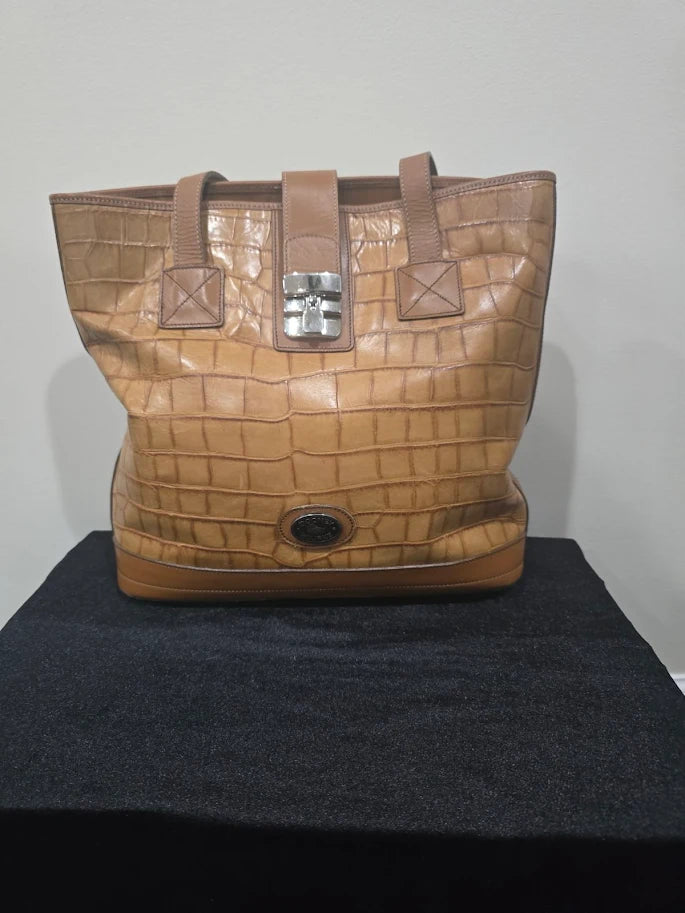 Dooney & Bourke Croco Embossed Leather Lock Shopper Tote Tan Red Lining Shoulder Bag AO345200