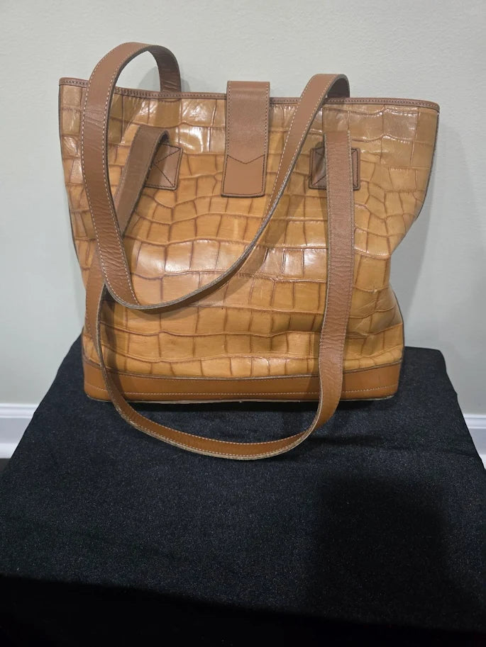 Dooney & Bourke Croco Embossed Leather Lock Shopper Tote Tan Red Lining Shoulder Bag AO345200
