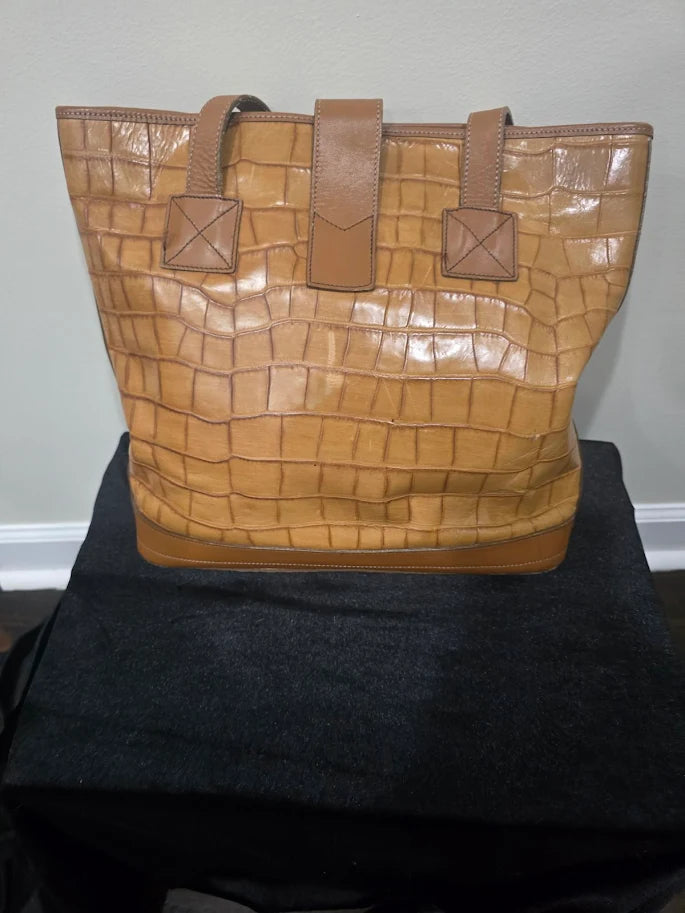 Dooney & Bourke Croco Embossed Leather Lock Shopper Tote Tan Red Lining Shoulder Bag AO345200