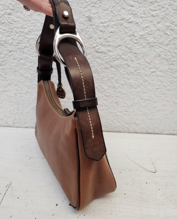 Dooney and Bourke 1975 tan pebbled leather east-west hobo with dark trim and duck charm, view 4