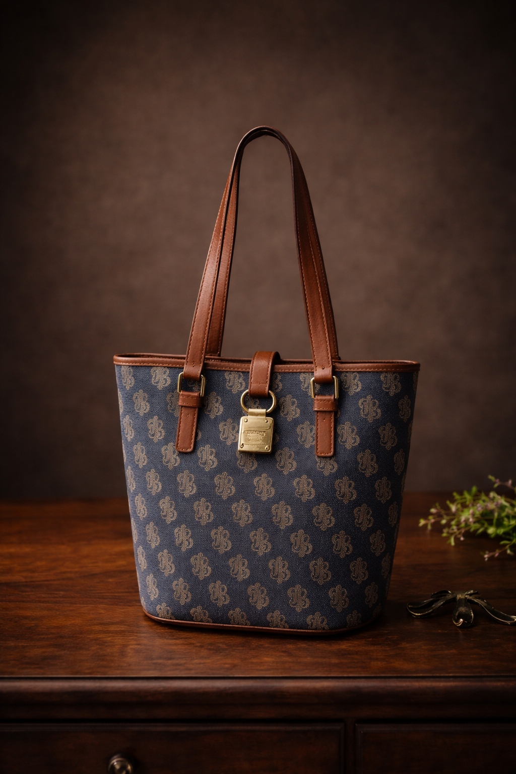 Dooney & Bourke Vintage Blue Monogram Canvas Shoulder Tote | Leather Trim