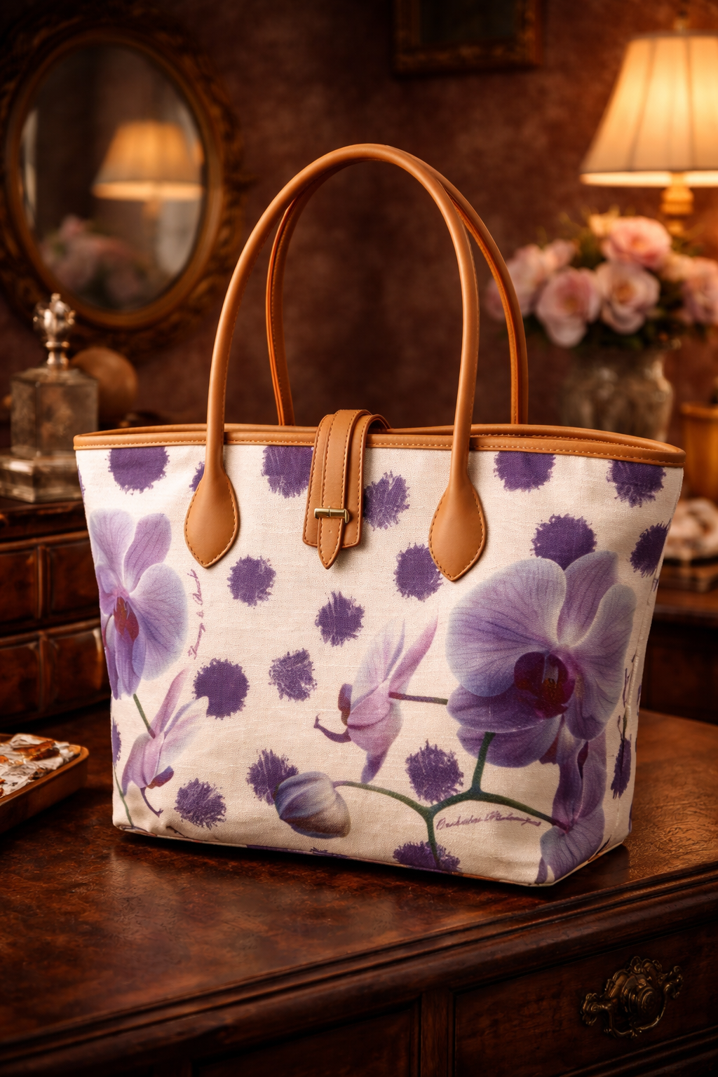 Dooney & Bourke Purple Orchid Canvas Tote with Tan Leather Trim