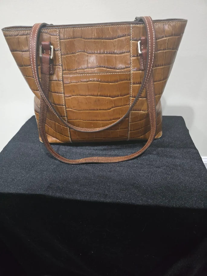Dooney & Bourke Croco Embossed Leather Shopper Tote Tan Red Lining Classic Shoulder Bag