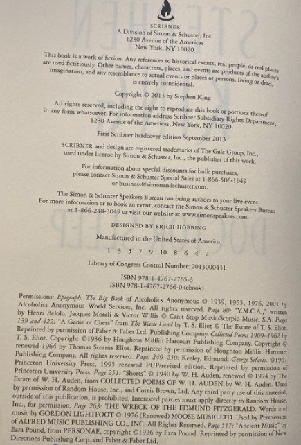 Doctor Sleep – Stephen King – 2013 True First Edition, First Printing, Scribner HC/DJ