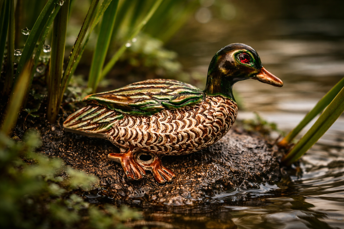 Signed Gerry's enamel duck brooch with earth-tone feathering and iridescent accents