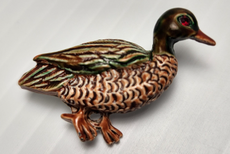 Signed Gerry's enamel duck brooch with earth-tone feathering and iridescent accents, view 2